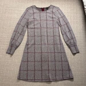 Ann Taylor Gray and Burgundy Plaid Long-Sleeve Shift Dress
